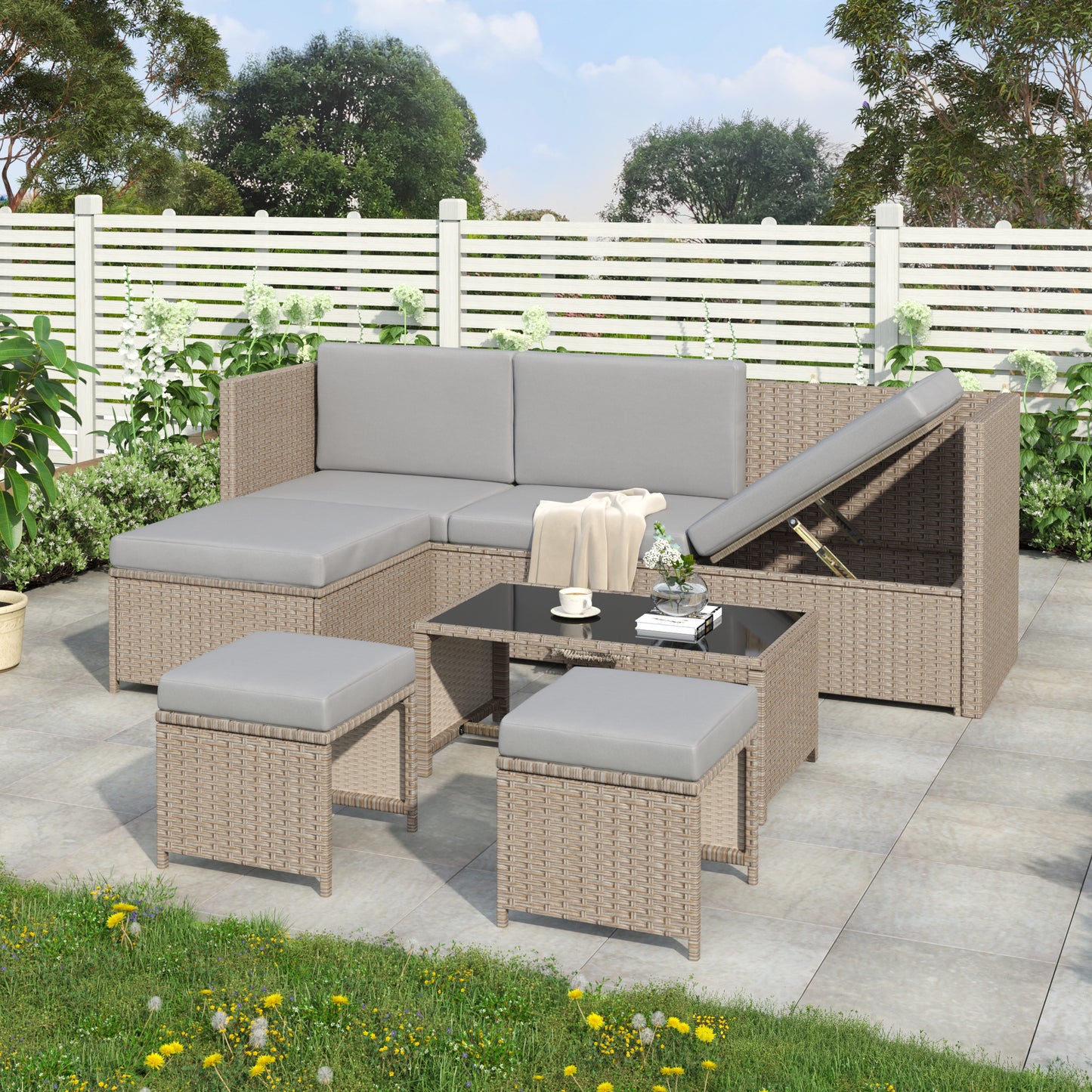 4-6 Seater Garden Lounge Set Rattan Patio Furniture Sofa Seating Group Outdoor Khaki