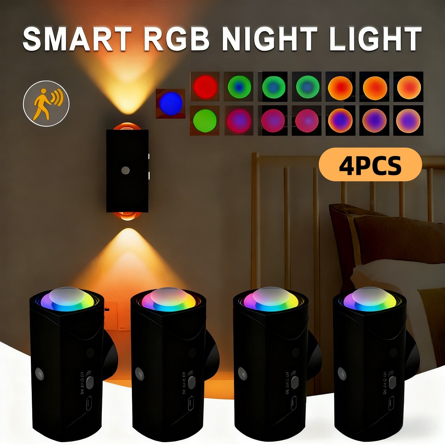 4PCS Color-Sensing Motion Night Lights Magnetic Cabinet Wall Lights with 3 Modes Decorative LED Lighting