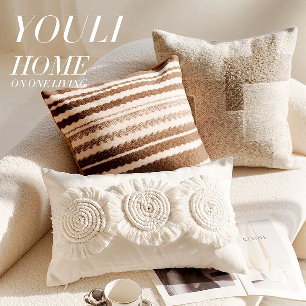 Linen Nordic Style Throw Pillow Covers with Tassel Caramel Color Geometric Retro Texture Cushion Case for Sofa Bedroom Living Room