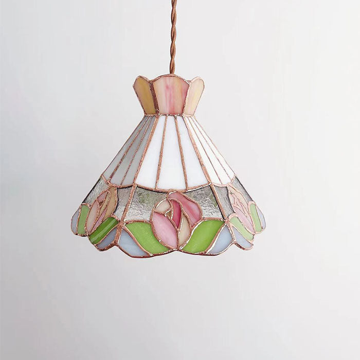 Tea Chestnut French Retro Chandelier – Rose Stained Glass Ceiling Light