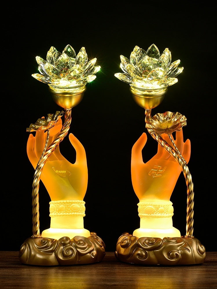 Colorful Crystal Lotus Buddha Hand Plug-in Lamp for Worship & Meditation