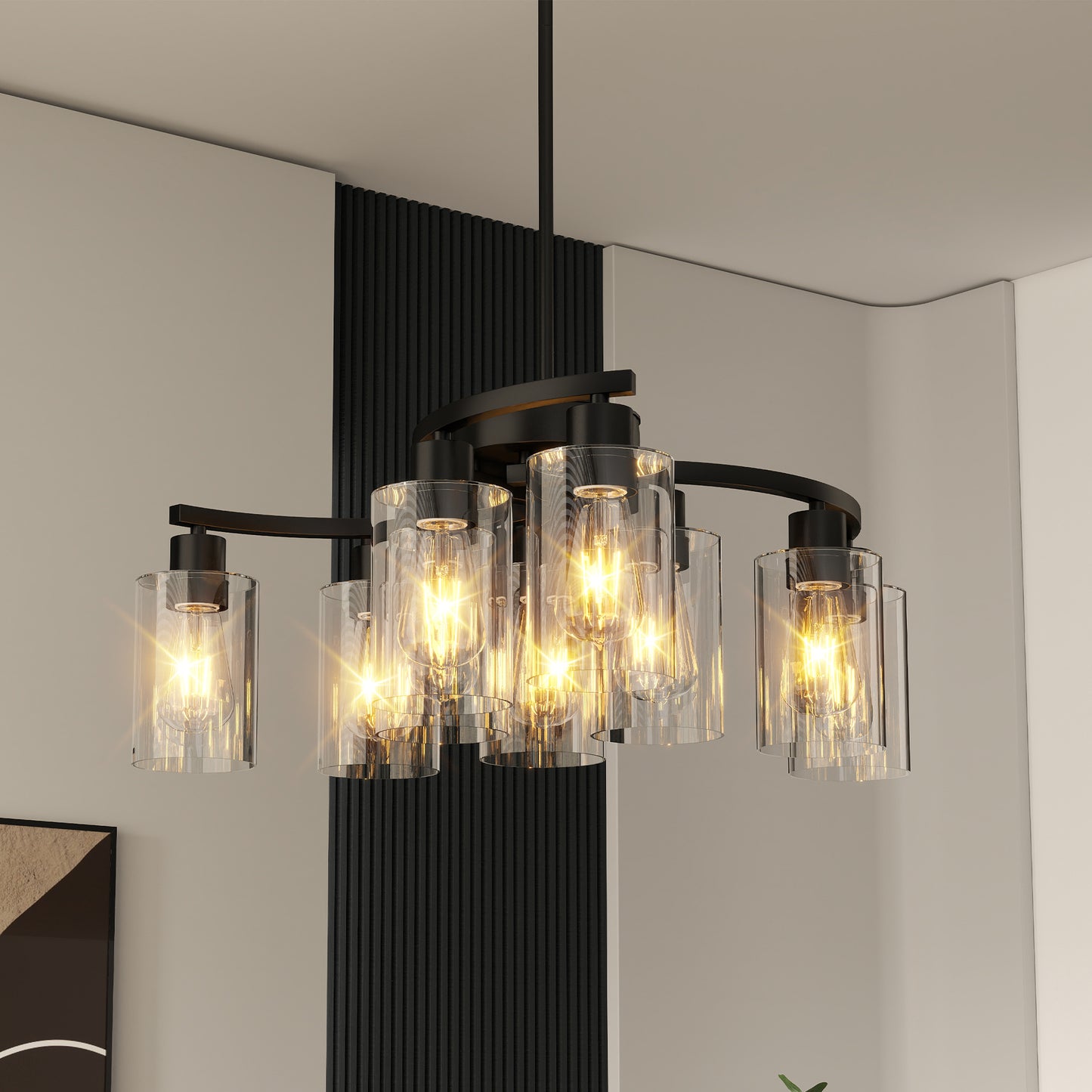 9-Light Modern Black Chandelier – Adjustable Industrial Farmhouse Ceiling Light with Clear Glass Shades for Dining Room & Kitchen Island
