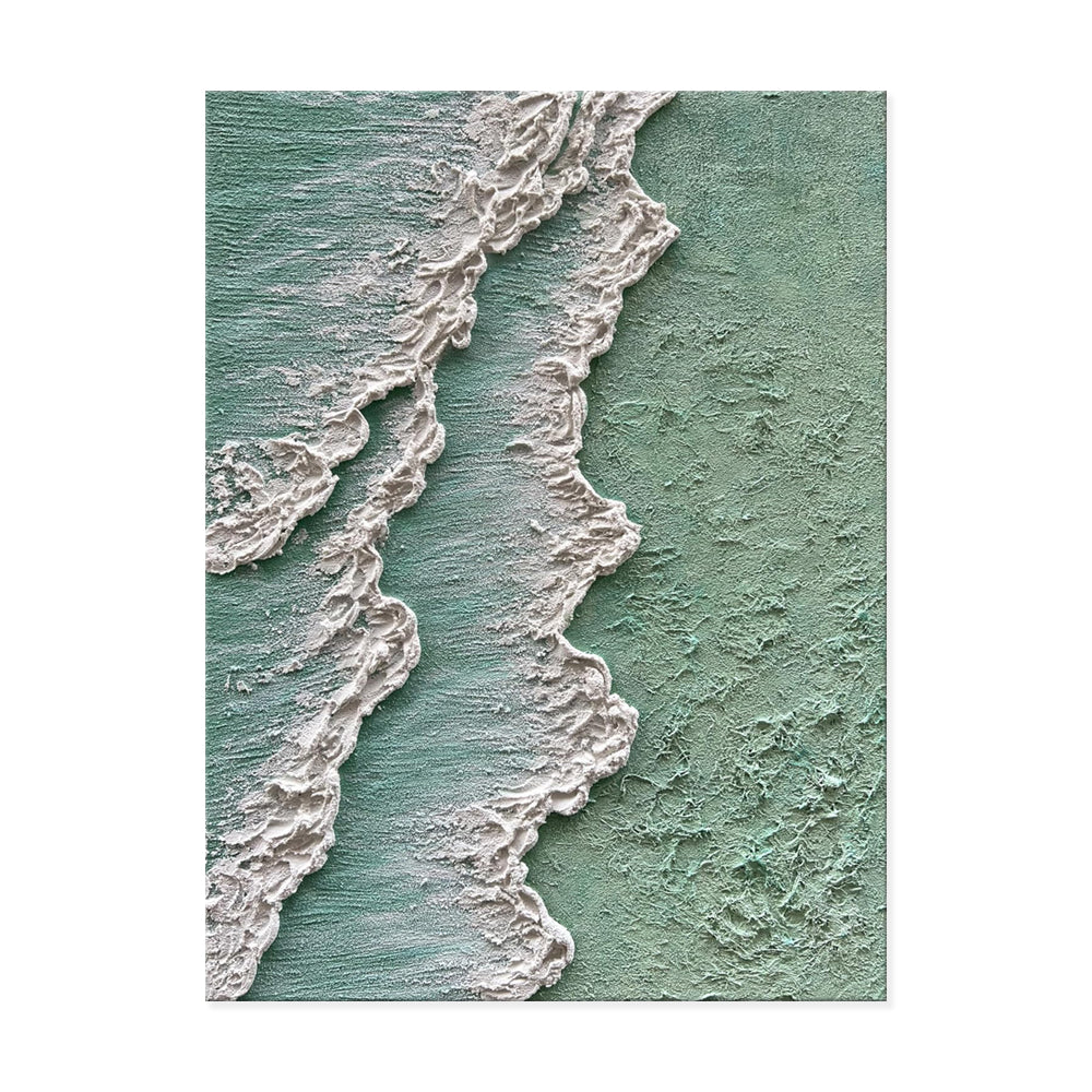 Abstract Ocean Waves Thick Texture Oil Painting Hand Painted Green White Cream Canvas Wall Art Wabi Sabi Home Decor