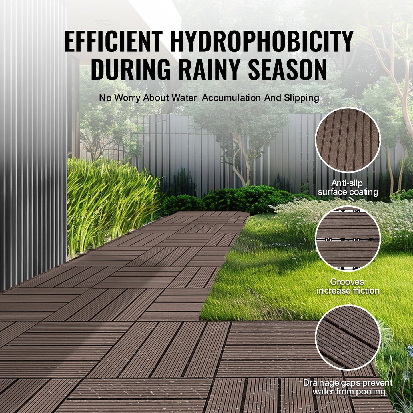 Interlocking Deck Tiles Plastic Wood 10 Pack 12x12 Waterproof Outdoor Flooring Patio Decking Tiles for Balcony Poolside Backyard