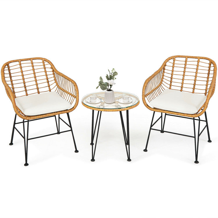3 Pieces Rattan Furniture Set Cushioned Chairs & Table Outdoor Patio Garden Sofa Seating Set