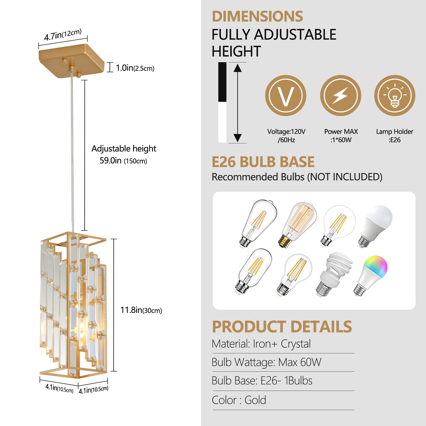 4-Inch Modern Crystal Pendant Light 3-Pack – Golden Adjustable Hanging Lamp for Dining Room & Kitchen Island