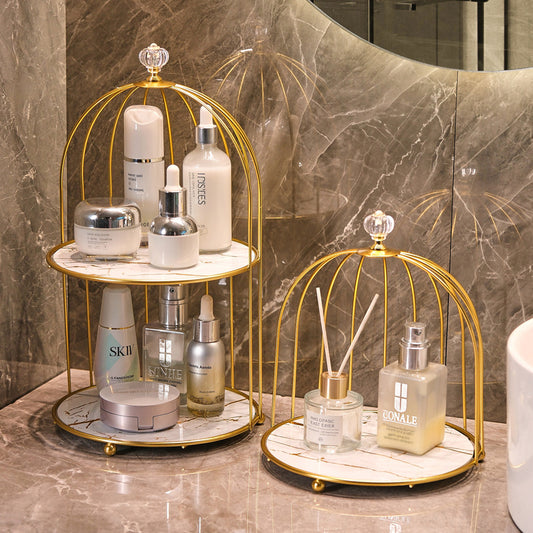 Vintage Bird Cage Bathroom Organizer – Multi-Tier Metal Makeup & Skincare Storage Shelf for Vanity Countertop