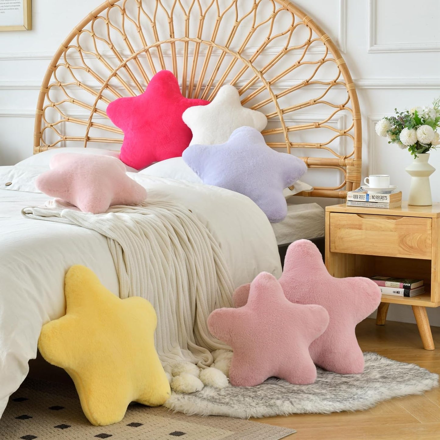 Star Shaped Decorative Throw Pillow 15 Inch Plush Faux Rabbit Fur Cushion for Bed Sofa Bedroom Living Room Floor Decor