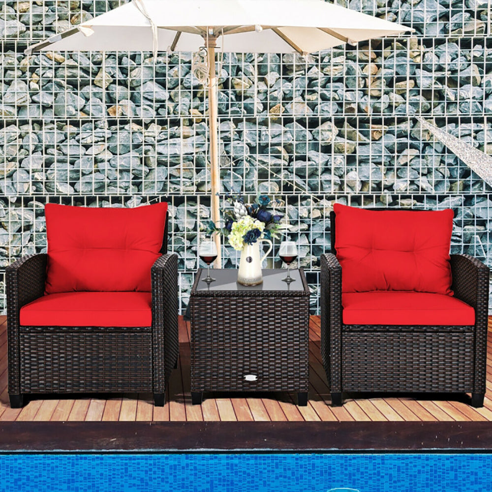 3 Pieces Rattan Patio Furniture Set with Washable Cushions Outdoor Garden Sofa Table Seating Set