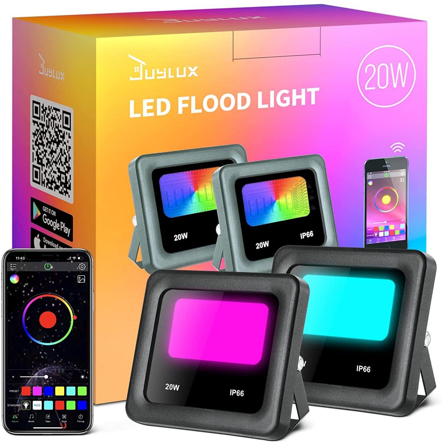 20W RGB Bluetooth Smart Flood Light Outdoor Dual Color Voice Control Timer LED Landscape Lighting
