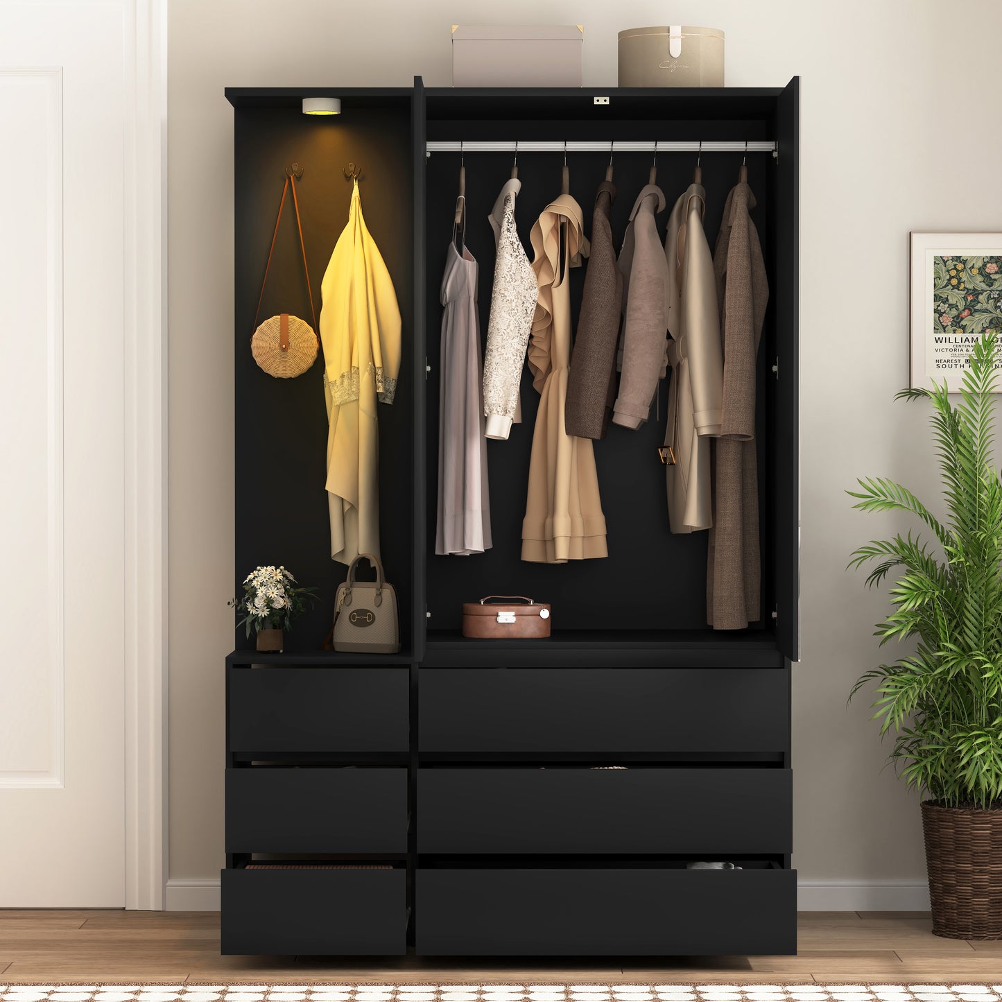 Modern Black Wooden Wardrobe Closet 71.7” Bedroom Storage Cabinet 2 Doors 6 Drawers With Shelves & Hanging Rail