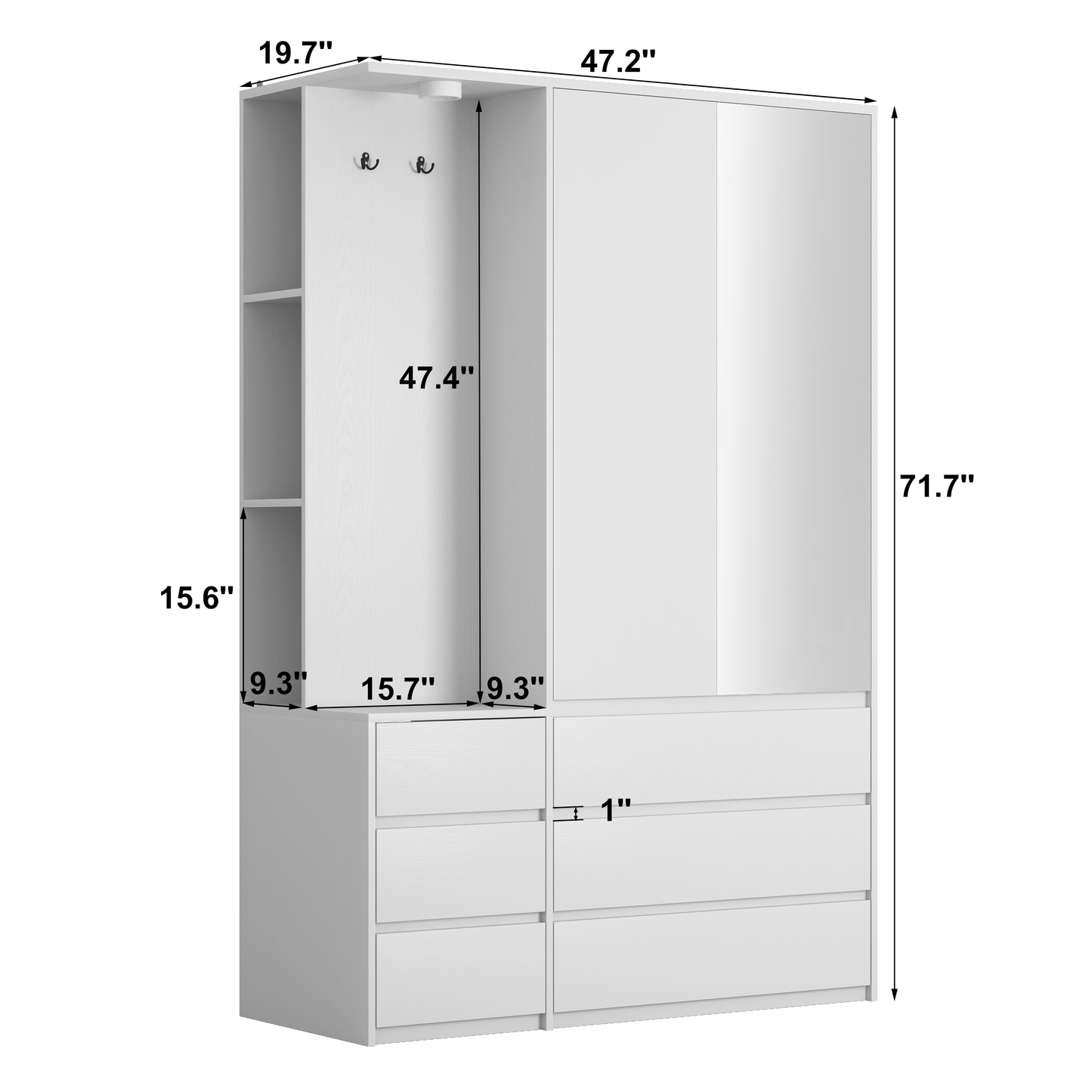 Modern White Wooden Wardrobe Closet 71.7” Bedroom Storage Cabinet 2 Doors 6 Drawers With Shelves & Hanging Rail