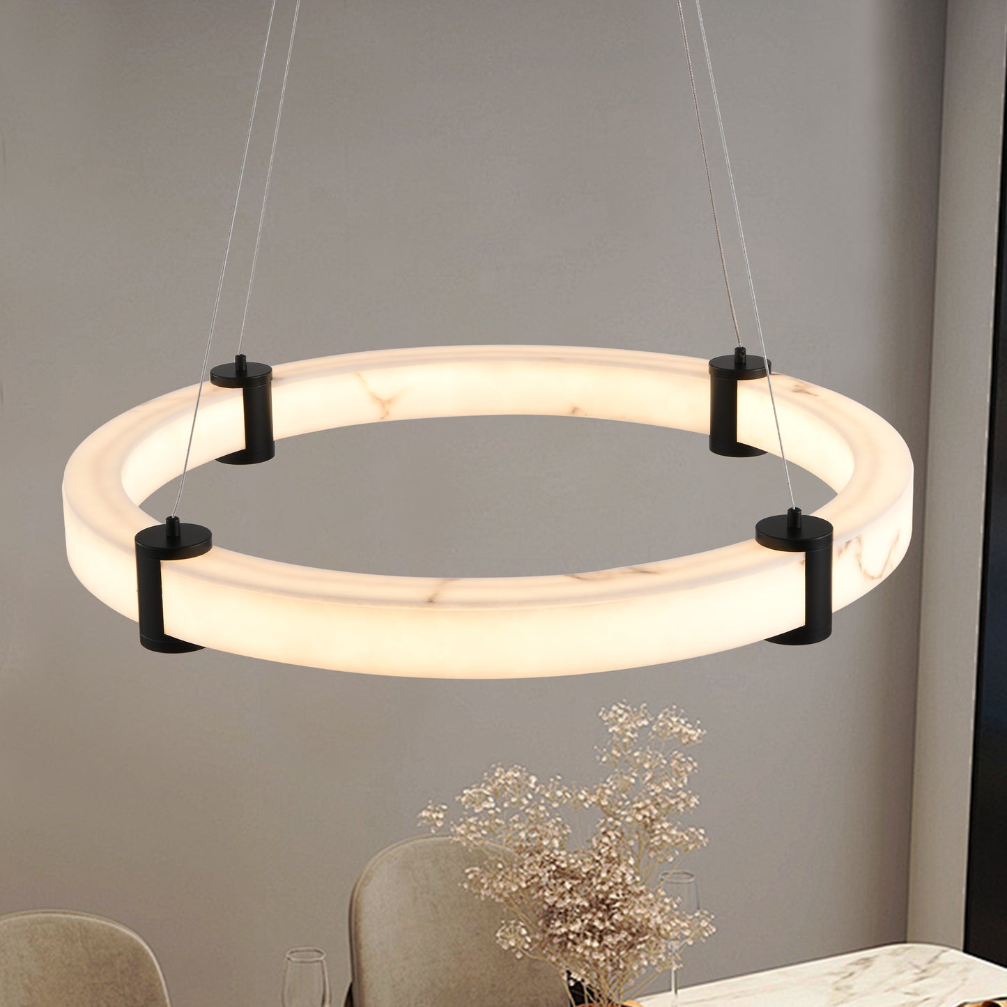 24-Inch Modern LED Pendant Chandelier – Adjustable Height Marble Finish Ceiling Light for Dining, Kitchen & Living Room