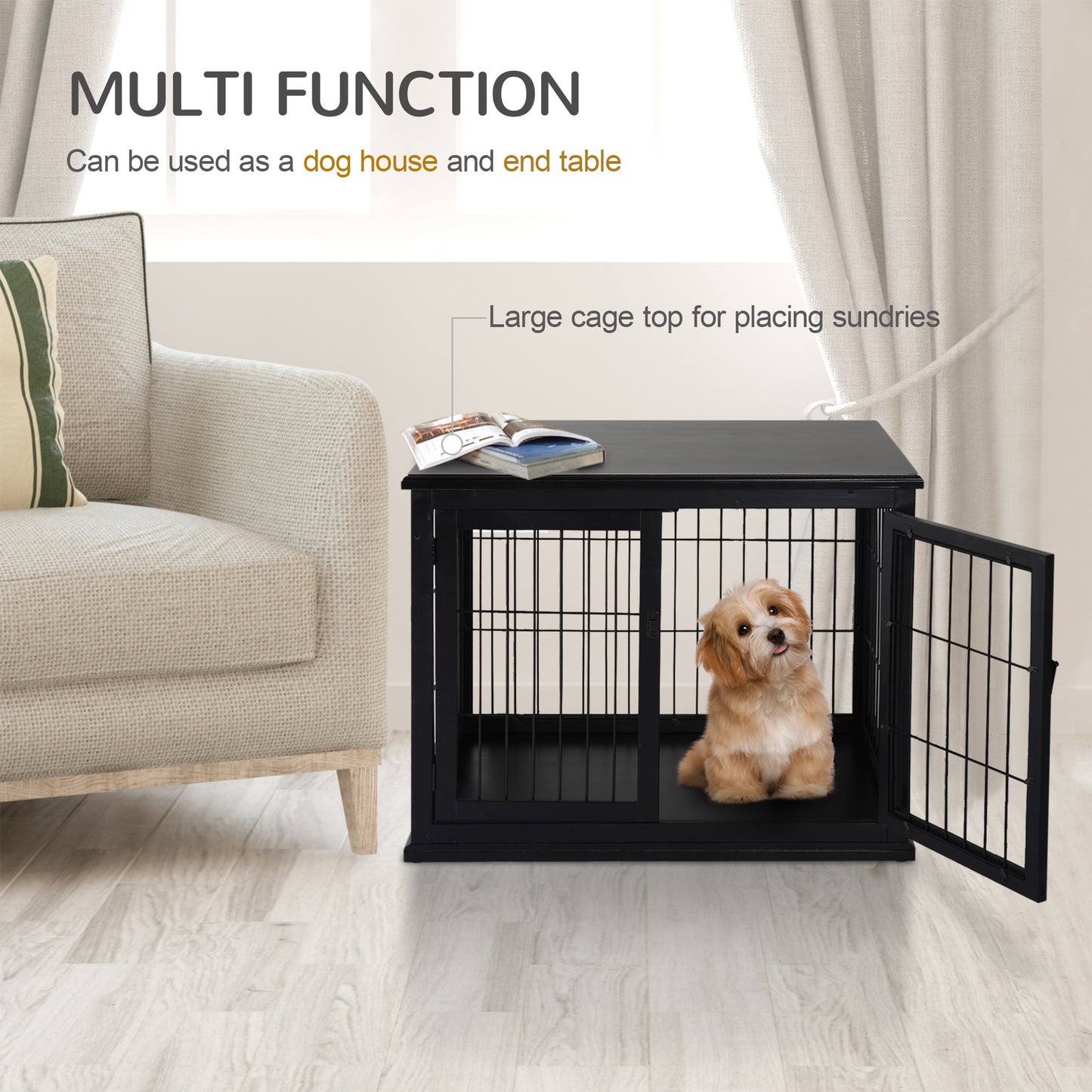 32 Inch Dog Crate Furniture Small Dog Cage End Table with 2 Doors Lockable Puppy Kennel Indoor Black