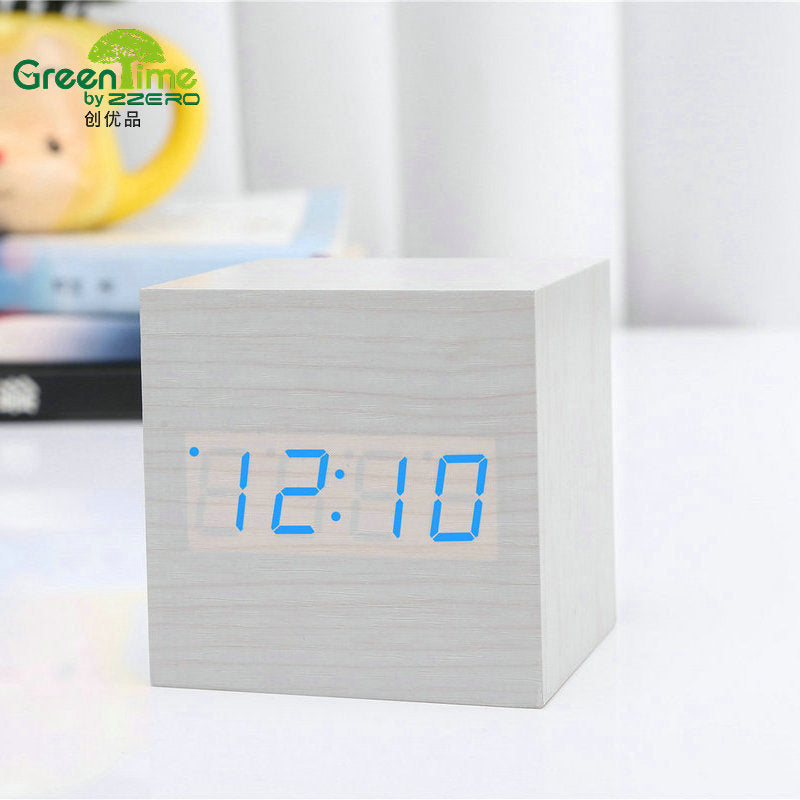 Minimalist Cube Wooden Digital Clock Sound Sensitive LED Display Temperature and Time Desk Alarm Clock