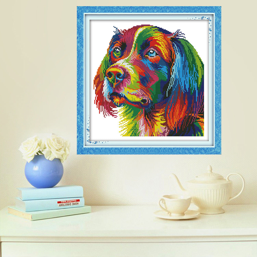 Rainbow Dog Cross Stitch Kit – Colorful Domestic Dog DIY Embroidery Art Set
