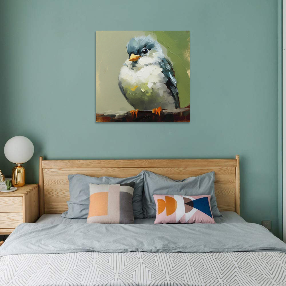 Hand Painted Kawaii Bird Oil Painting – Modern Animal Canvas Wall Art for Living Room & Kids Room Decor