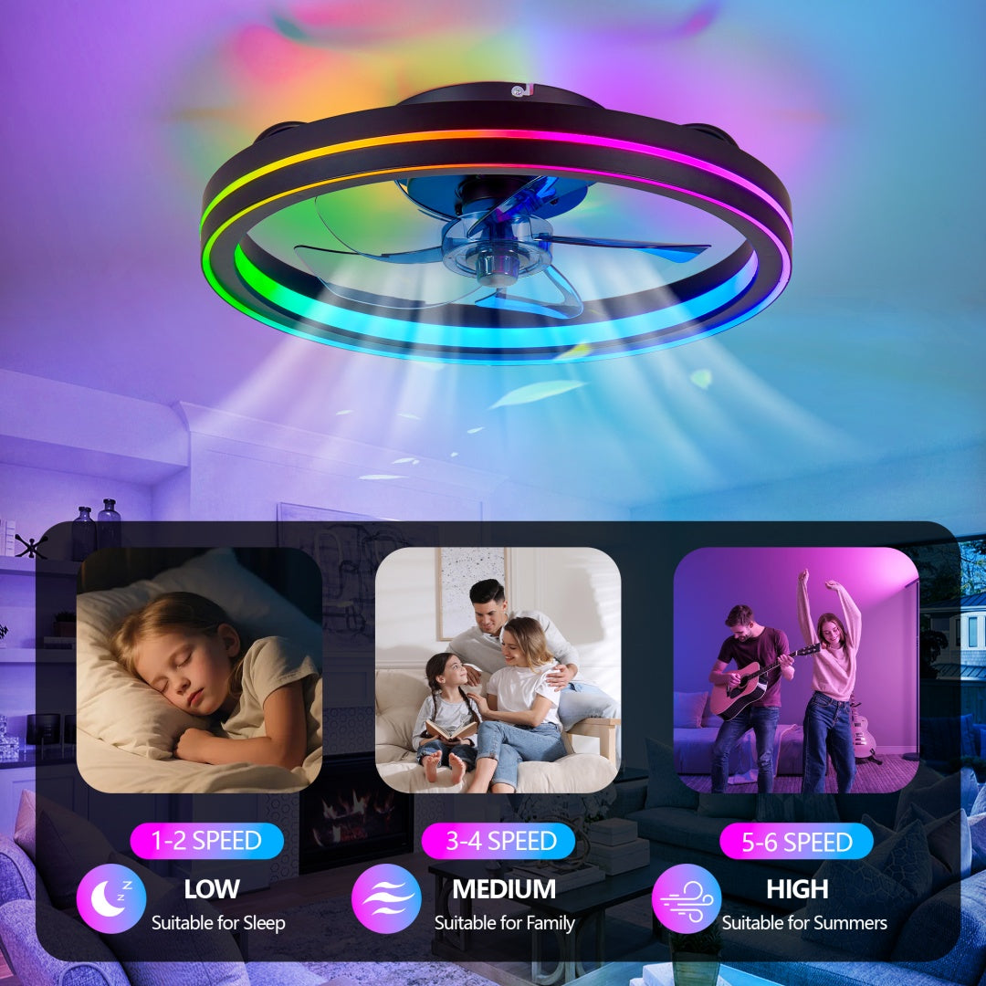 RGB LED Ceiling Fan Light Low Profile Bladeless Fandelier 19IN Flush Mount Smart App Remote Control Bedroom Ceiling Fan