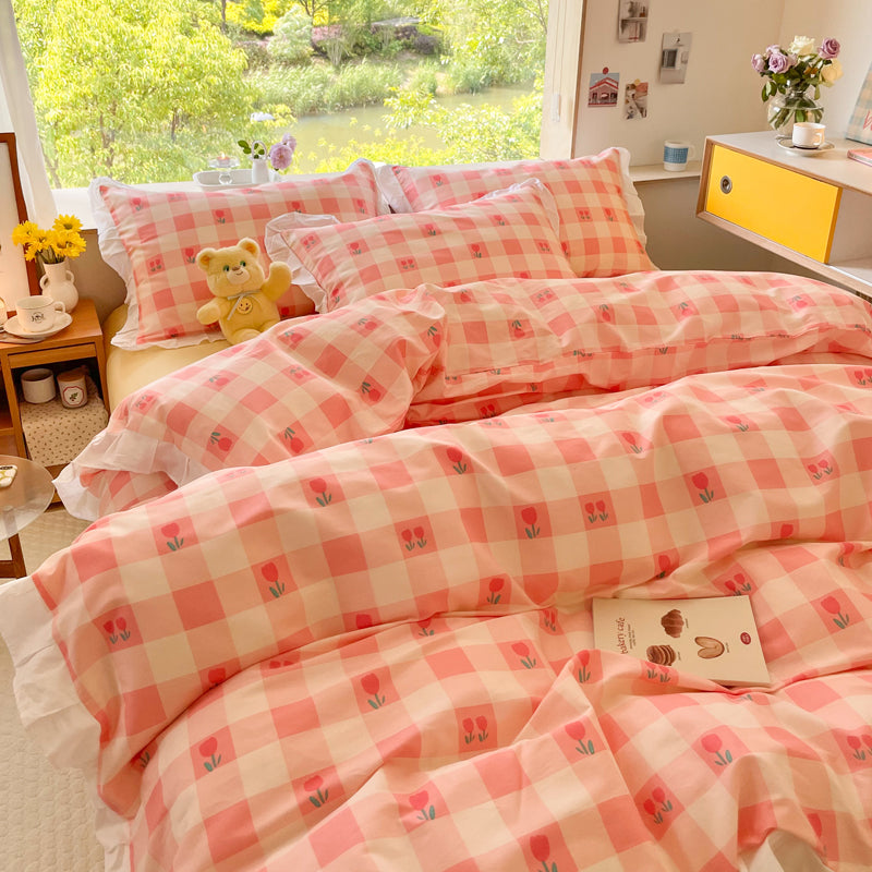 Small Floral Cotton Four Piece Bedding Set Princess Style Duvet Cover Bed Sheet Pillowcase Soft Bedroom Set