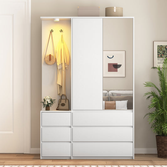 Modern White Wooden Wardrobe Closet 71.7” Bedroom Storage Cabinet 2 Doors 6 Drawers With Shelves & Hanging Rail