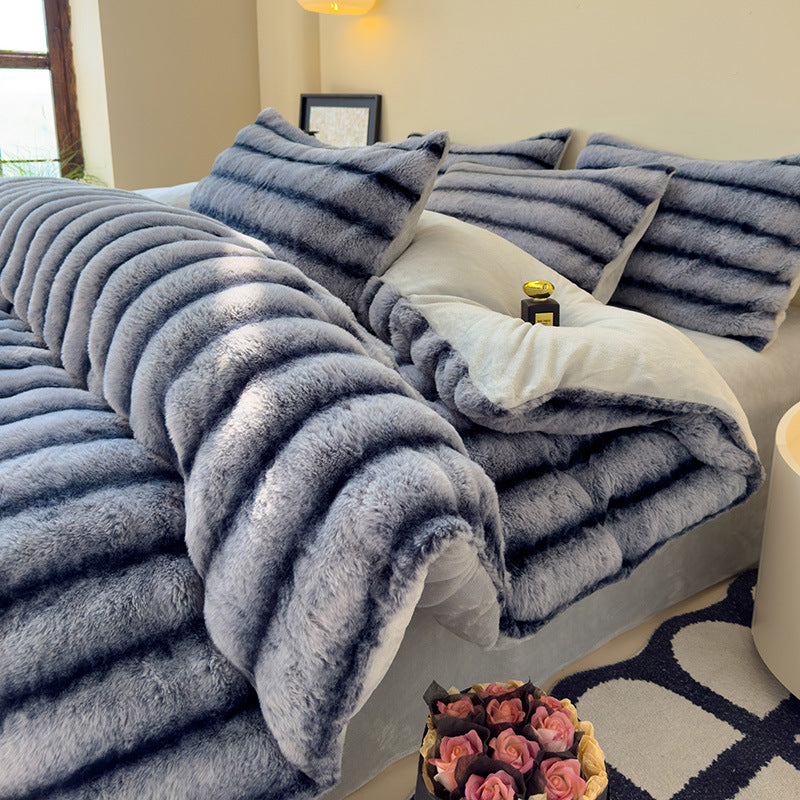 Milk Fiber Thick Rabbit Fur 4-Piece Bedding Set Autumn Winter Warm Fluffy Soft Breathable Bed Set