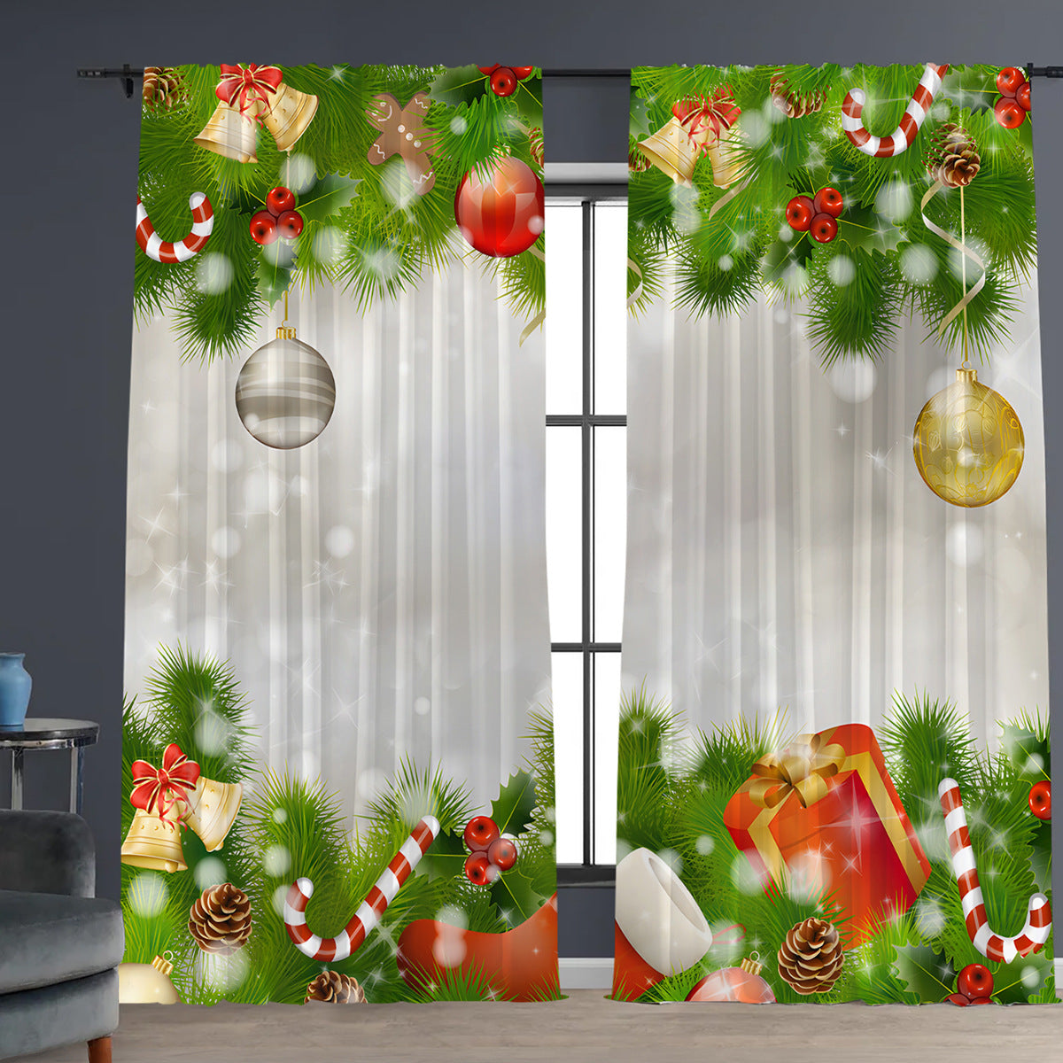 2PCs Christmas Curtains 3D Digital Printing Flower Window Drapes Festive Home Decoration