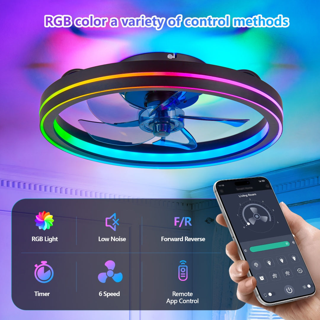 RGB LED Ceiling Fan Light Low Profile Bladeless Fandelier 19IN Flush Mount Smart App Remote Control Bedroom Ceiling Fan