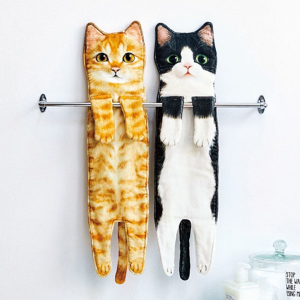 Long Cat Hand Towel Cute Cat Shape Bathroom Kitchen Absorbent Hanging Handkerchief Towel