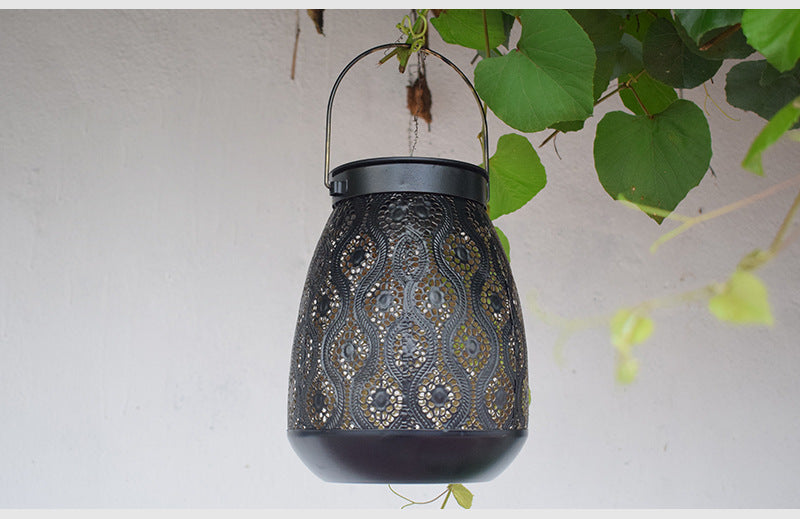 Solar Waterproof Iron Hanging Lantern Hollow Design Outdoor Garden Light Decorative LED Lamp