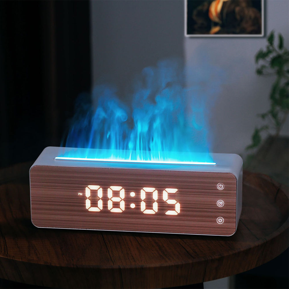 Flame Humidifier Aromatherapy Machine with Clock Display Desktop LED Mist Diffuser for Bedroom Home Relaxation