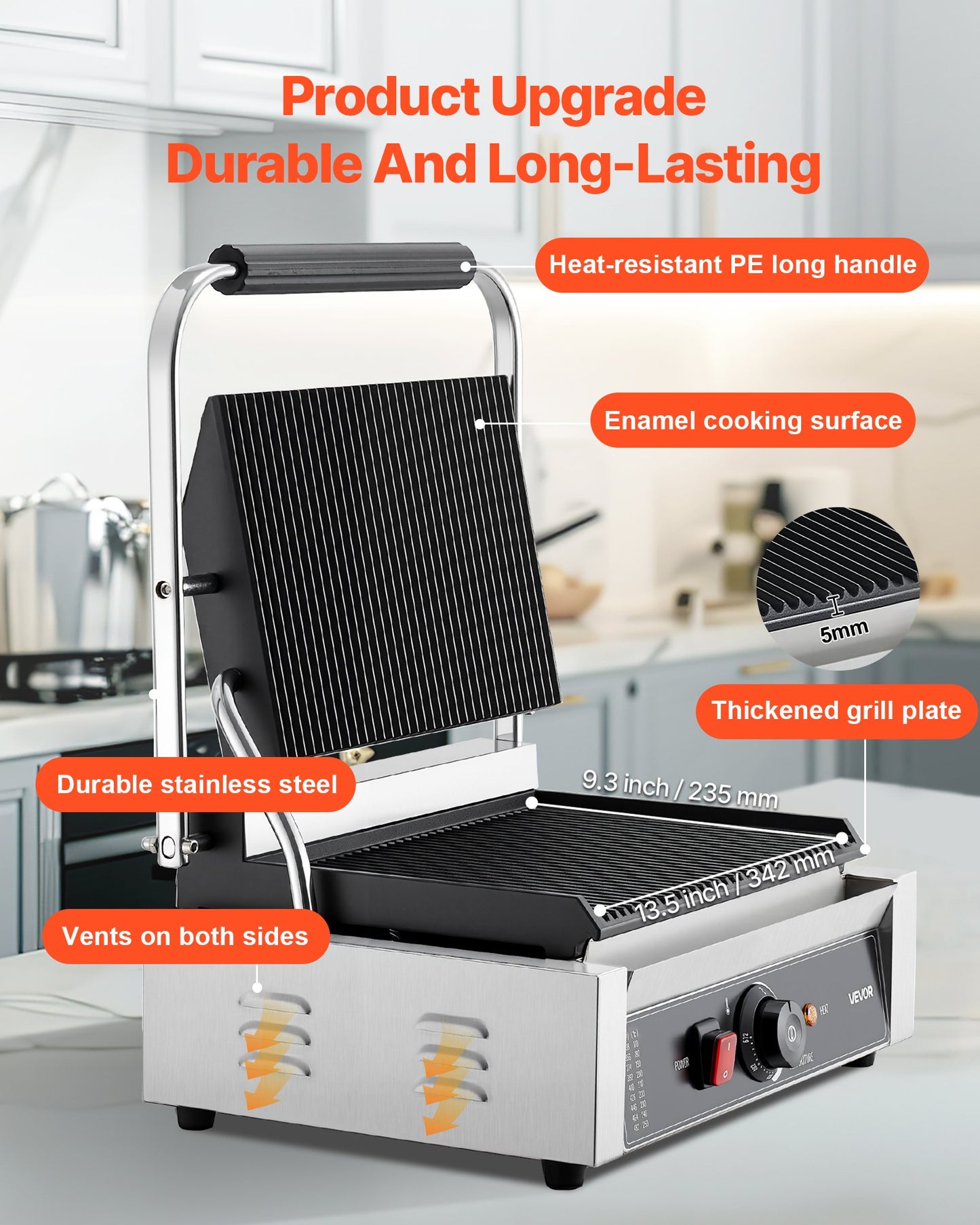 Commercial Panini Press Grill Electric Sandwich Maker Griddle Plate 13.5x9.3 Inch for Kitchen Use