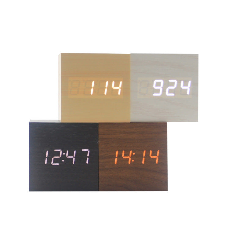 Minimalist Cube Wooden Digital Clock Sound Sensitive LED Display Temperature and Time Desk Alarm Clock