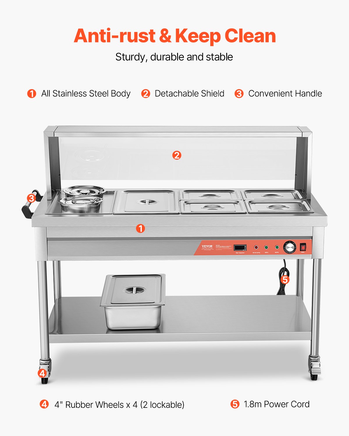 Commercial 5 Pan Food Warmer Steam Table with 2 Pots and Undershelf Shield for Buffet and Catering Use