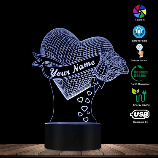 Loving Heart & Rose 3D LED Night Light – Optical Illusion Table Lamp for Valentine Gift