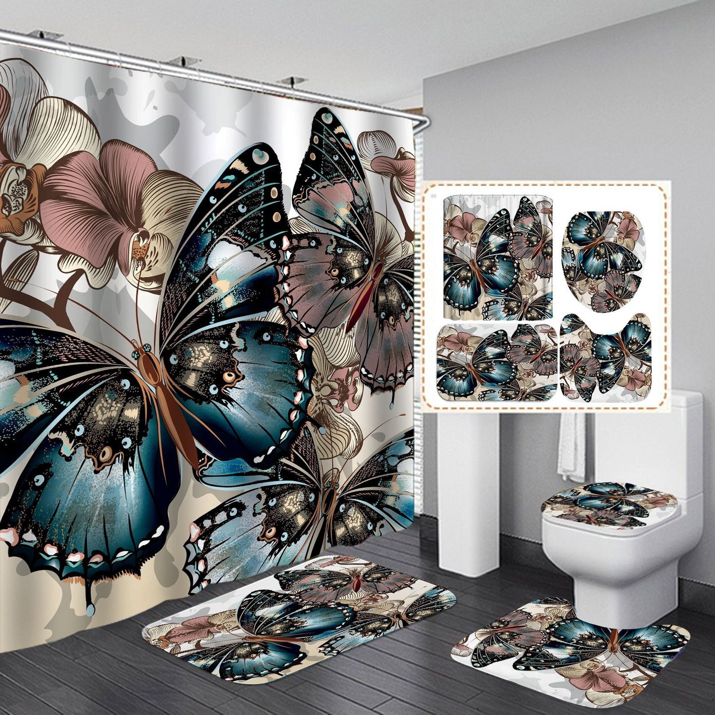 Butterfly Fabric Shower Curtain Waterproof Bathroom Curtain Decorative Bath Curtain for Modern Home