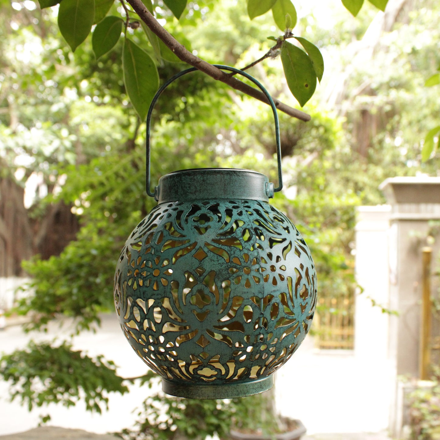 Solar Hanging Lantern Wrought Iron Hollow Projection Outdoor Courtyard Garden Lamp Decorative LED Light