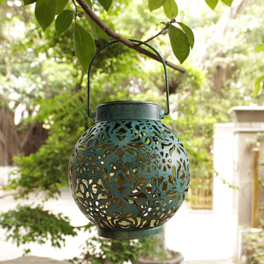 Solar Hanging Lantern Wrought Iron Hollow Projection Outdoor Courtyard Garden Lamp Decorative LED Light