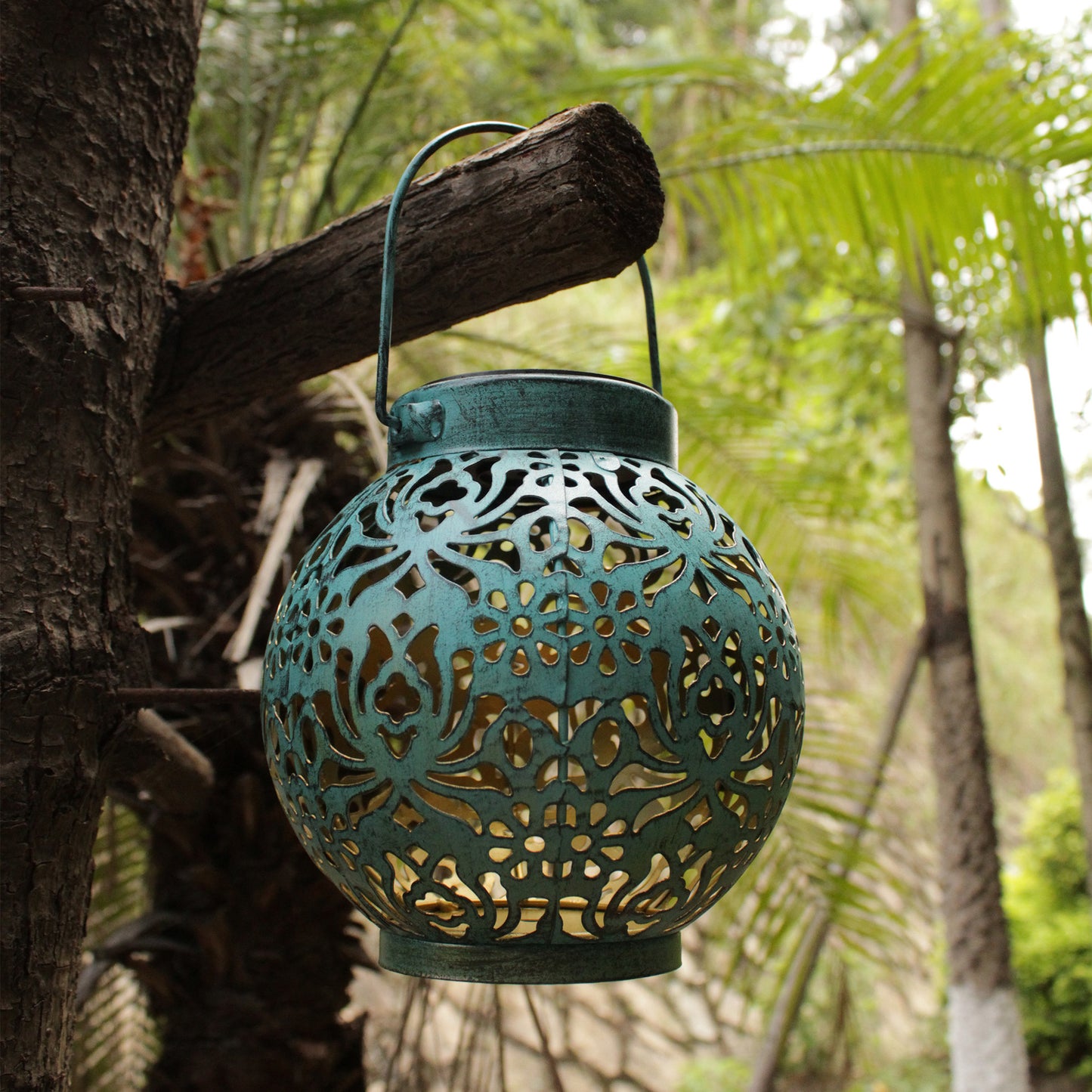 Solar Hanging Lantern Wrought Iron Hollow Projection Outdoor Courtyard Garden Lamp Decorative LED Light