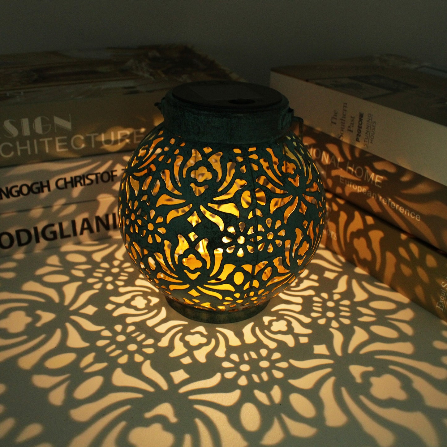 Solar Hanging Lantern Wrought Iron Hollow Projection Outdoor Courtyard Garden Lamp Decorative LED Light