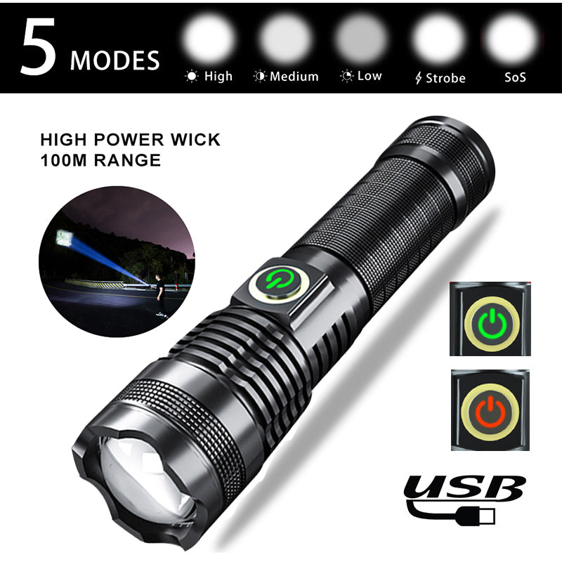 P50 Zoom Flashlight – USB Rechargeable LED Torch with Battery Display & High Power Outdoor Light