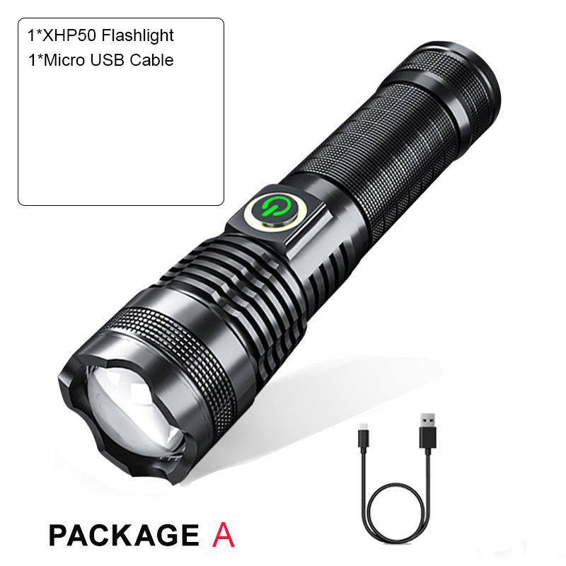 P50 Zoom Flashlight – USB Rechargeable LED Torch with Battery Display & High Power Outdoor Light