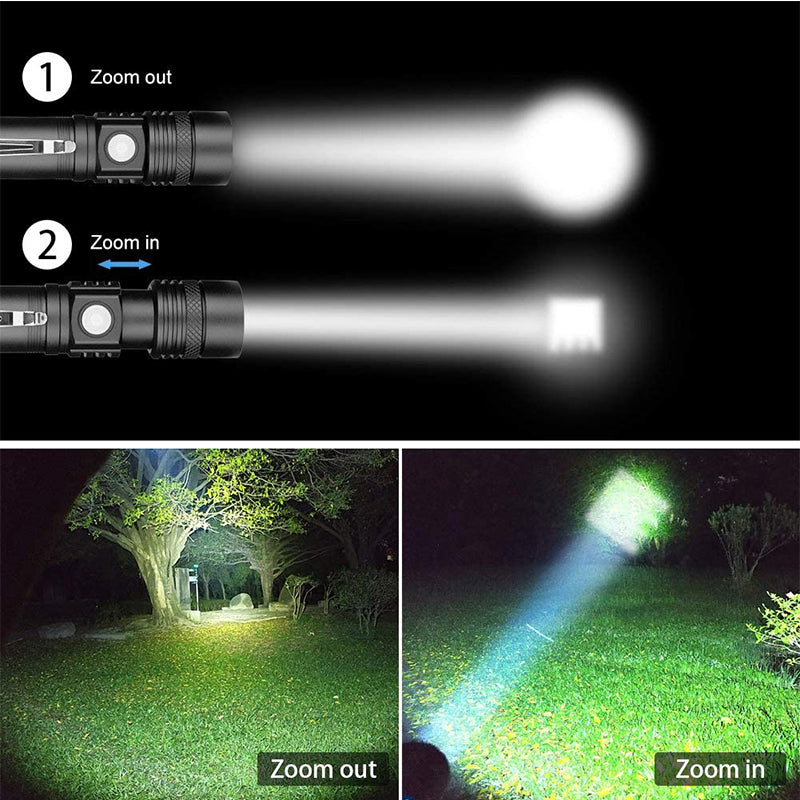 P50 Zoom Flashlight – USB Rechargeable LED Torch with Battery Display & High Power Outdoor Light