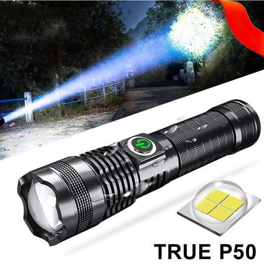 P50 Zoom Flashlight – USB Rechargeable LED Torch with Battery Display & High Power Outdoor Light