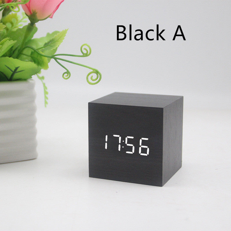 Minimalist Cube Wooden Digital Clock Sound Sensitive LED Display Temperature and Time Desk Alarm Clock