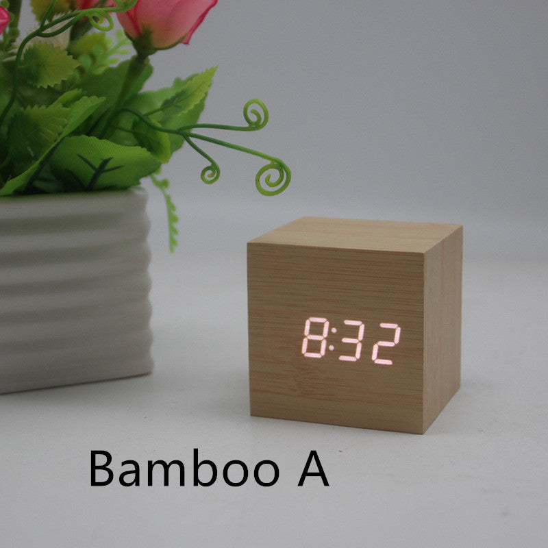 Minimalist Cube Wooden Digital Clock Sound Sensitive LED Display Temperature and Time Desk Alarm Clock