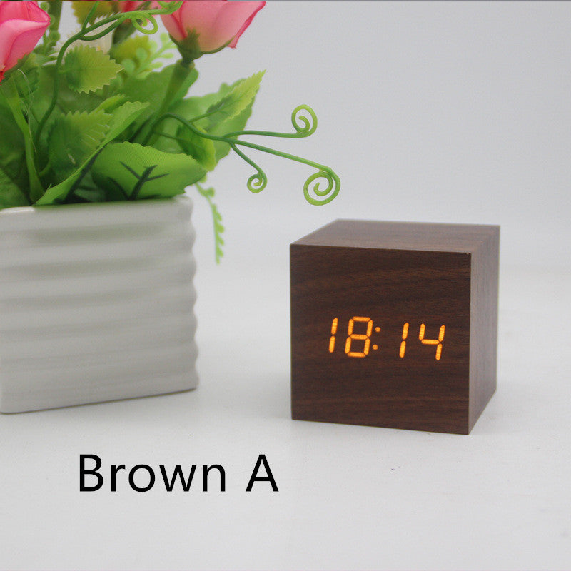 Minimalist Cube Wooden Digital Clock Sound Sensitive LED Display Temperature and Time Desk Alarm Clock