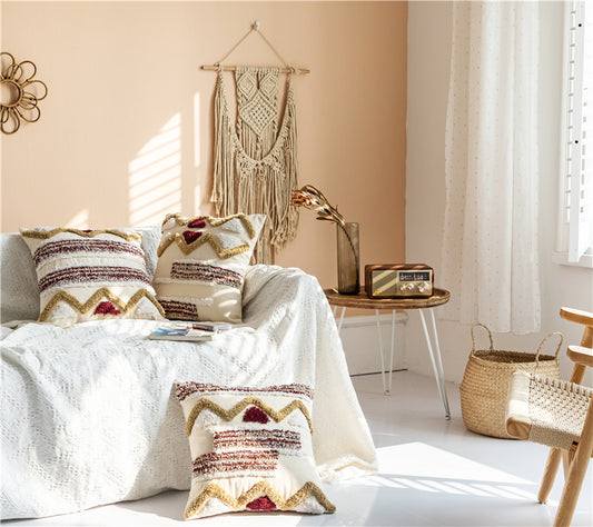 Indian Embroidered Tufted Tassel Cushion Cover Decorative Boho Sofa Pillow for Home Decor