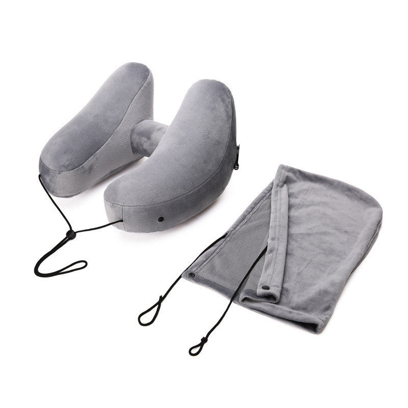 Hooded Travel Pillow Inflatable H Shape Neck Pillow Lightweight Folding Nap Cushion for Car Office Airplane Sleeping