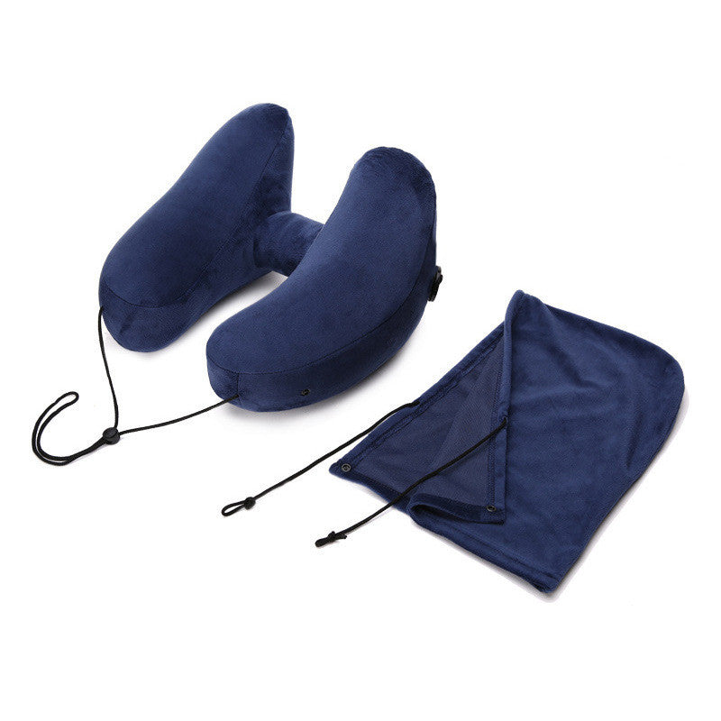 Hooded Travel Pillow Inflatable H Shape Neck Pillow Lightweight Folding Nap Cushion for Car Office Airplane Sleeping