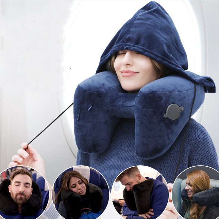 Hooded Travel Pillow Inflatable H Shape Neck Pillow Lightweight Folding Nap Cushion for Car Office Airplane Sleeping